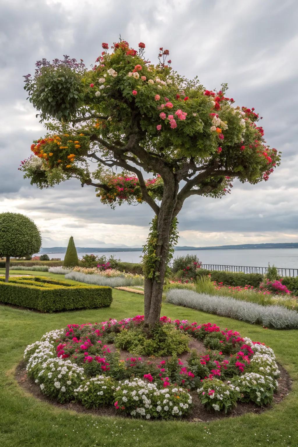 Asymmetrical planting adds a touch of artistry to this tree's surroundings.