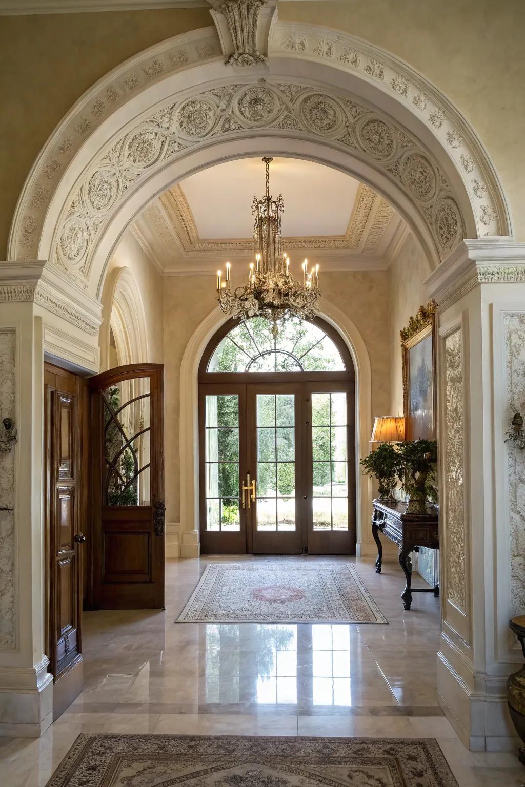 An arched doorway adds sophistication to the foyer.