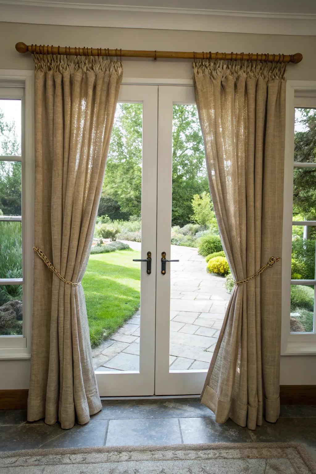 Eco-friendly curtains adding sustainable style to the front door.