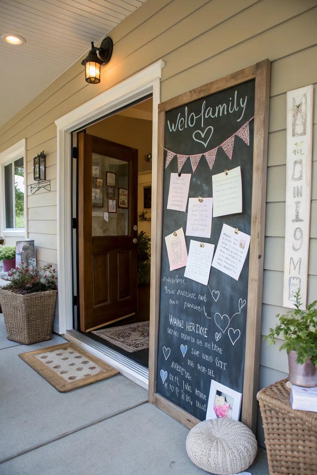 Interactive elements like a chalkboard add a personal touch to the entrance.