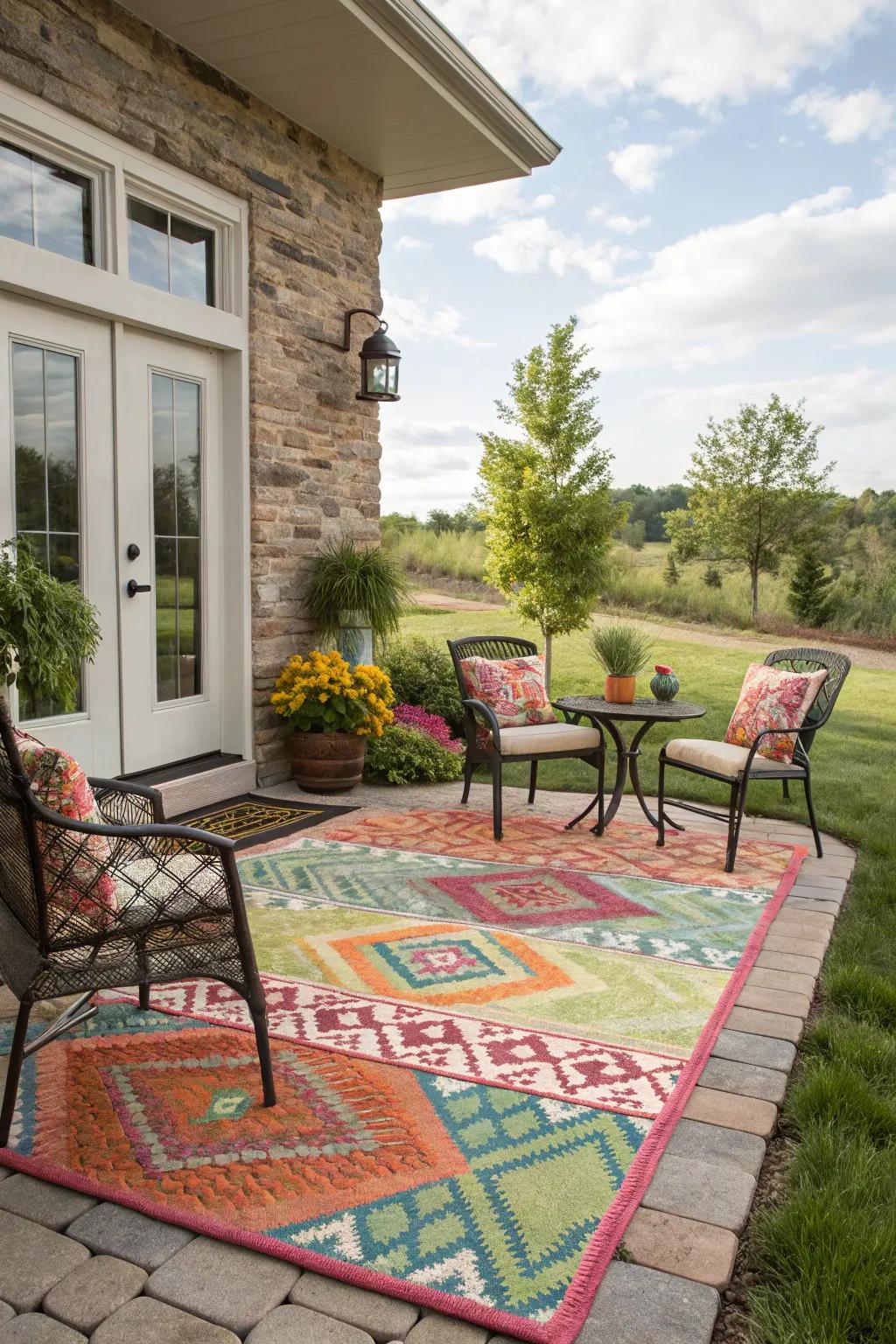 Outdoor rugs enhance the patio's style and comfort.