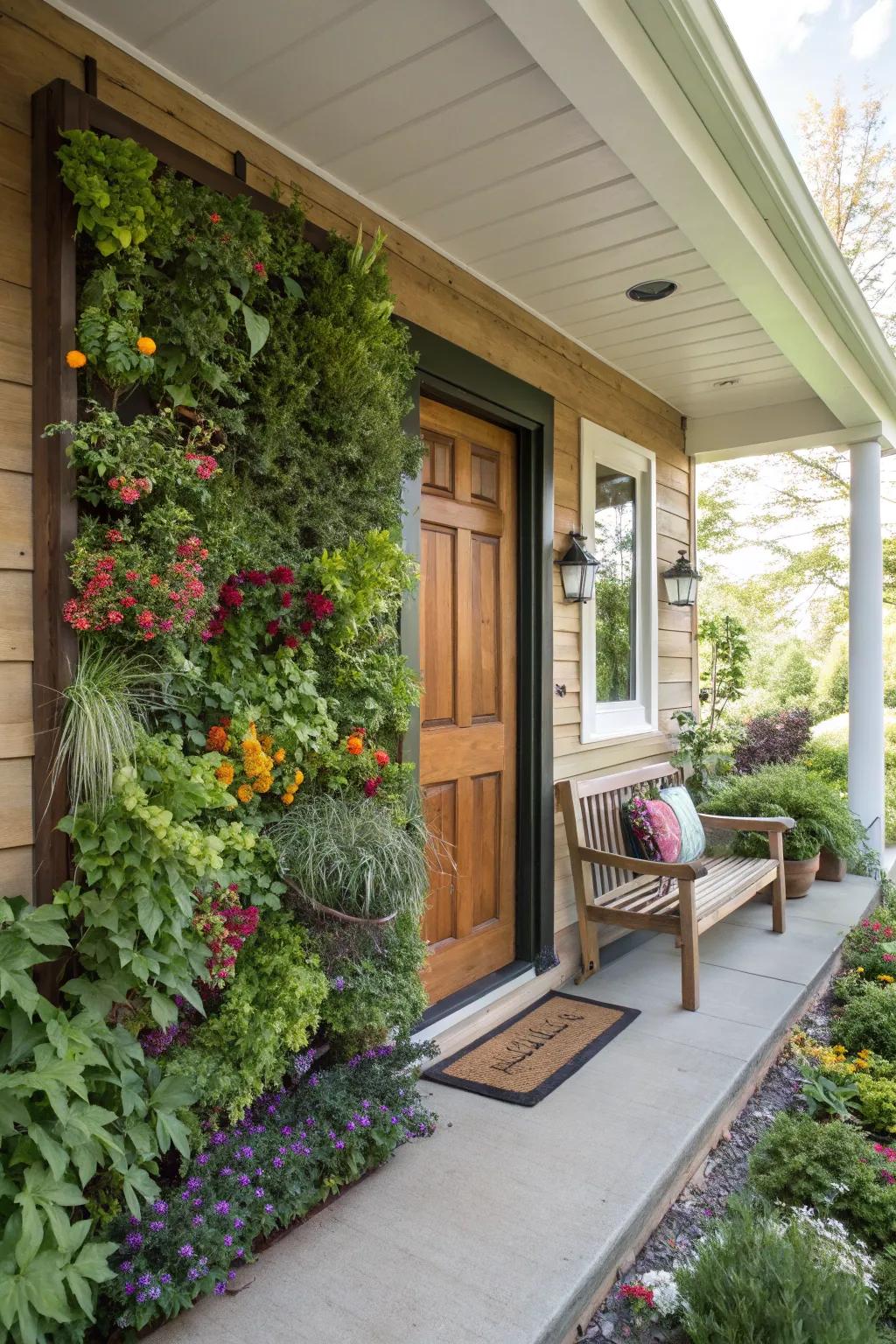 A vertical garden on a front porch filled with herbs and flowers.