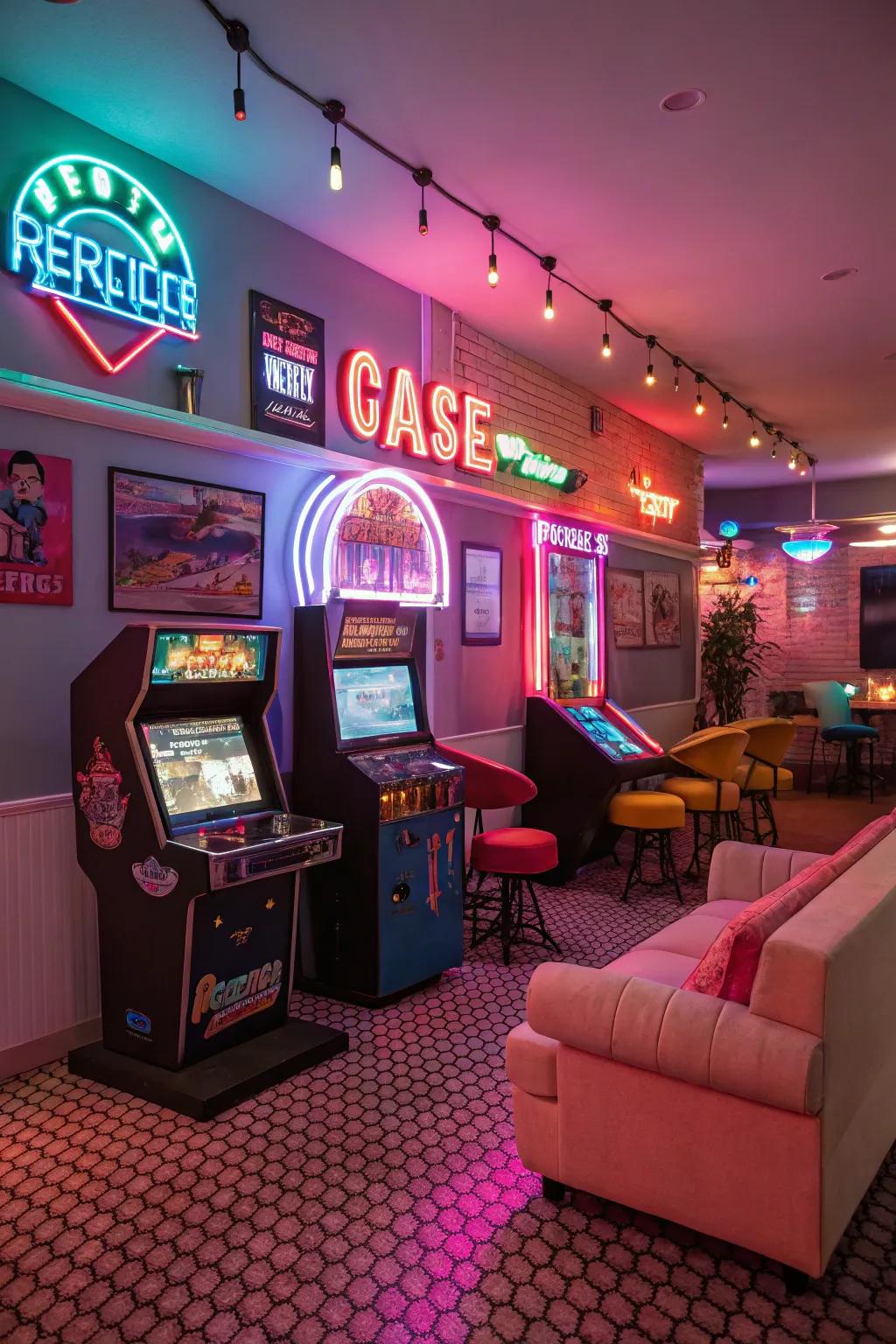 An arcade theme adds a nostalgic vibe to this gaming room.