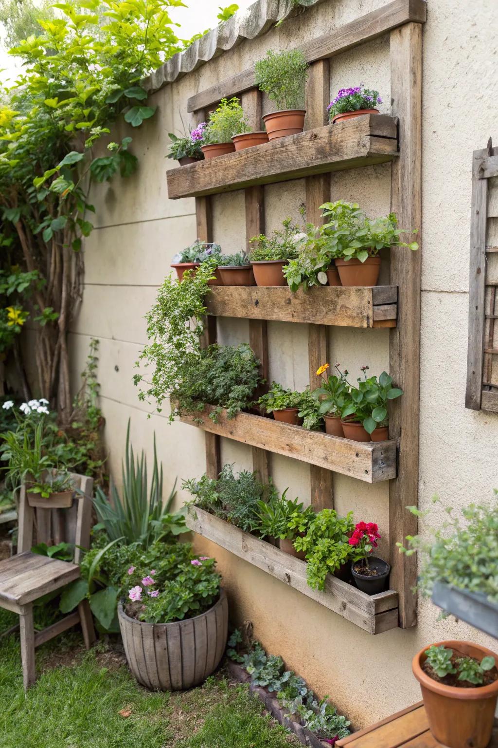 Planting shelves maximize space and add vertical interest.