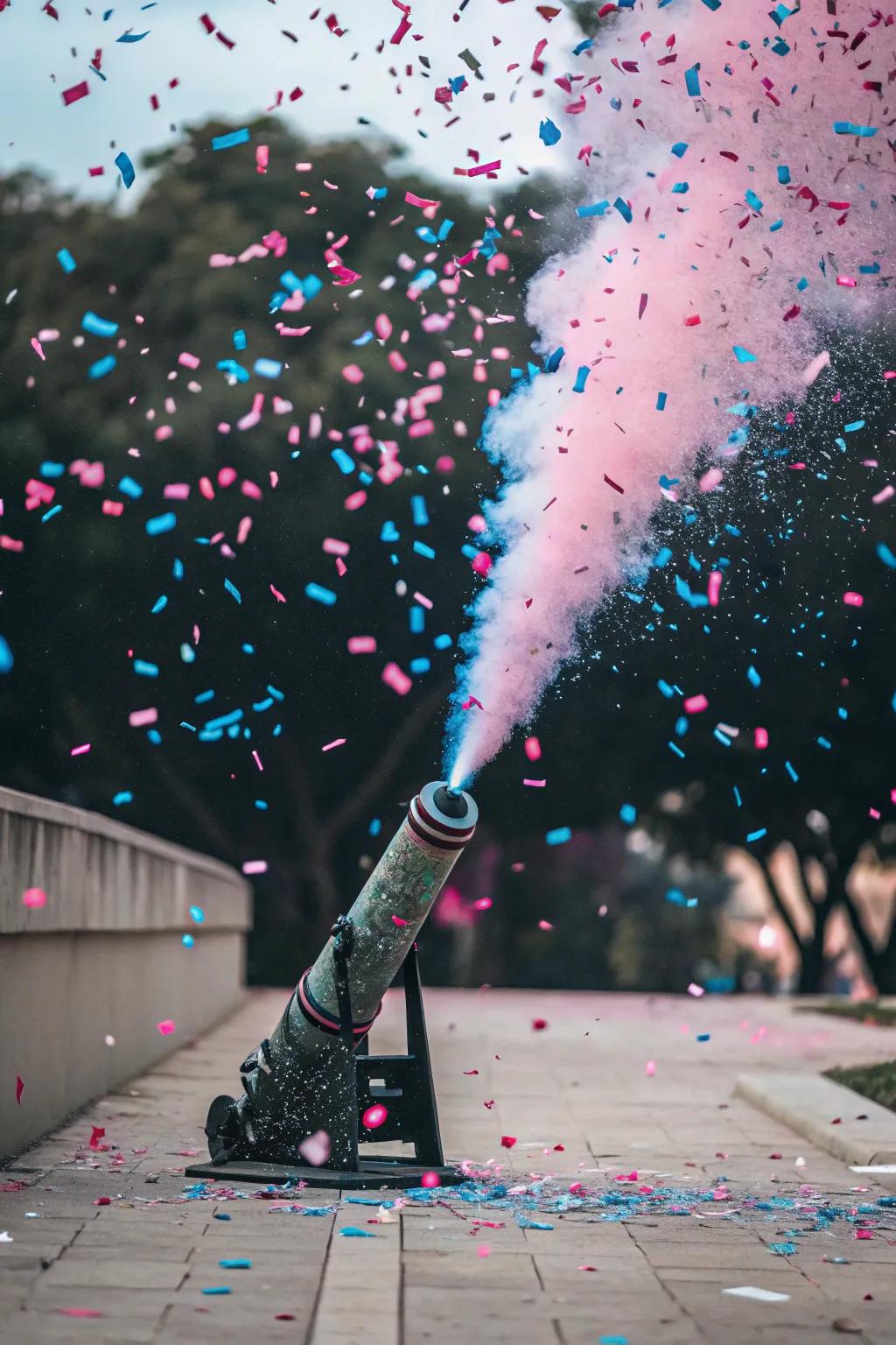 A confetti cannon creates a joyful and colorful explosion for the big reveal.