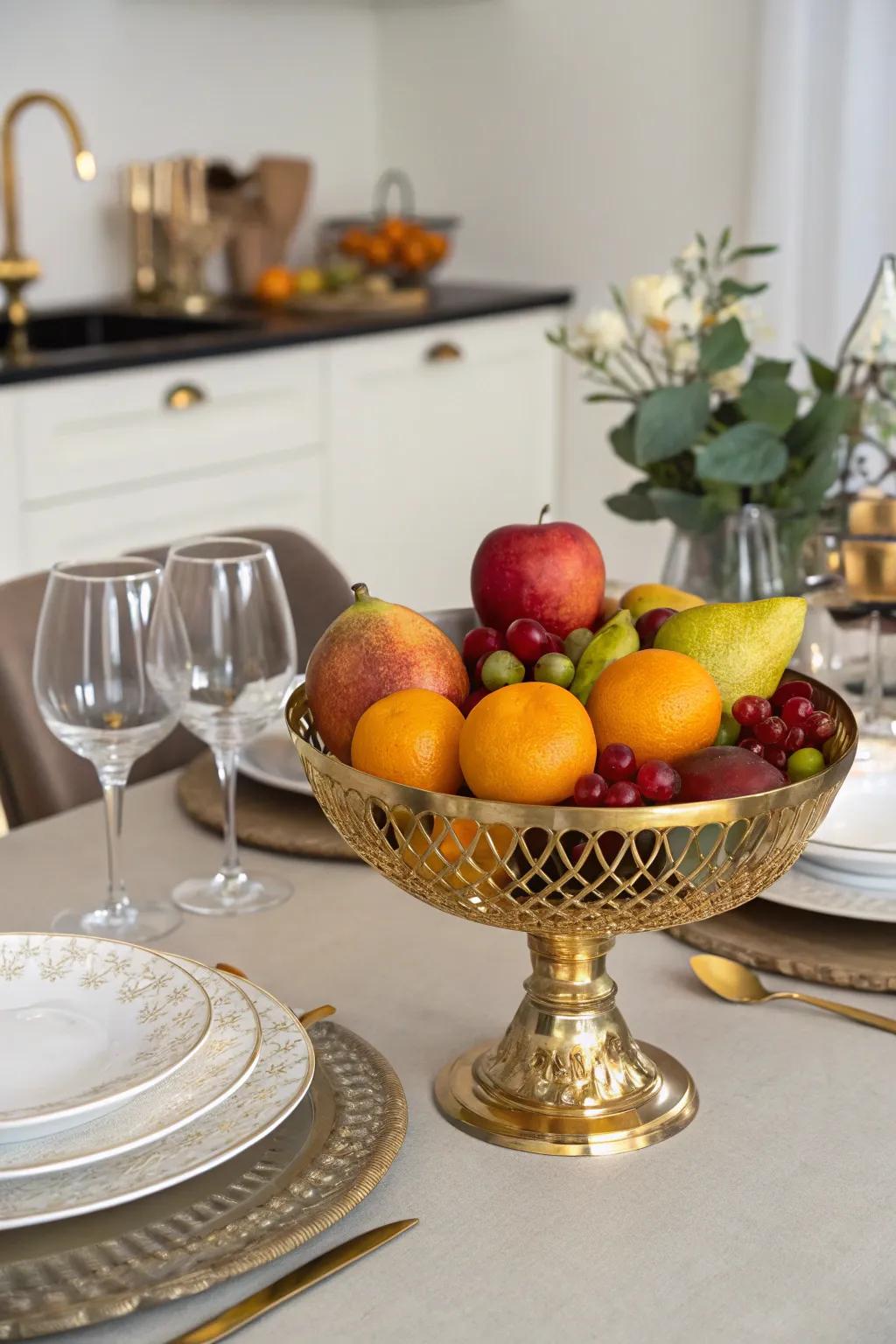 Vibrant and revitalizing gilded fruit container centerpiece.
