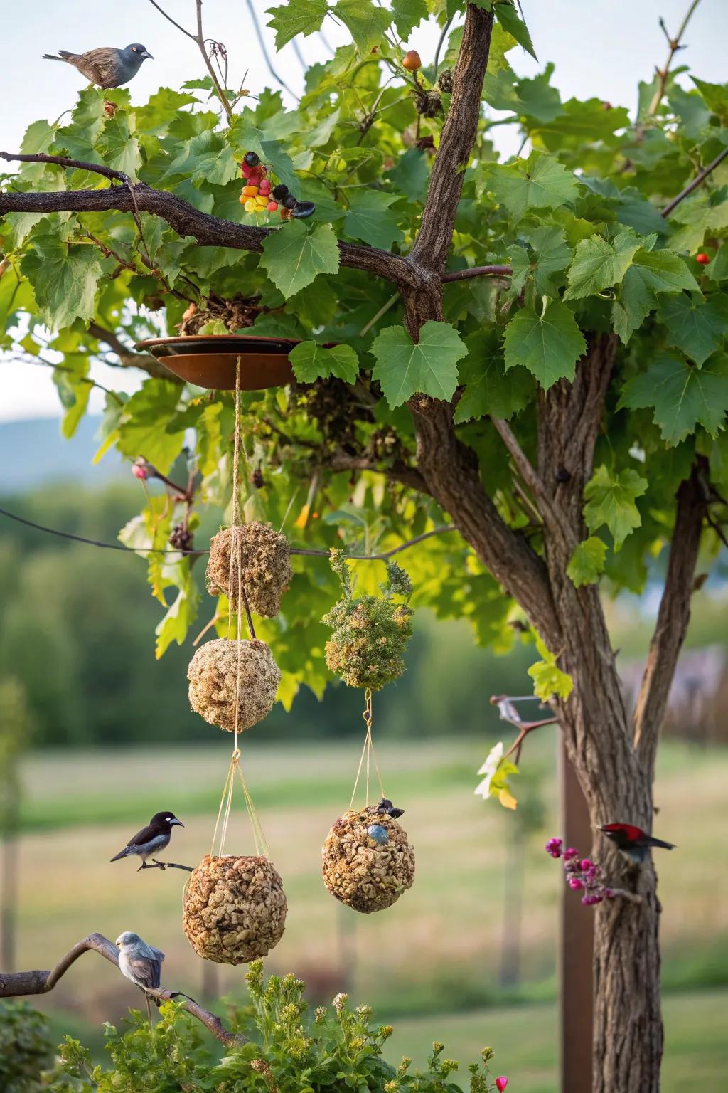 A grapevine tree embellished with avian-benevolent ornamentation, thereby inviting nature into your horticultural domain.