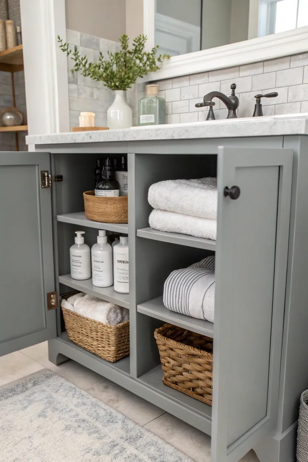 A practical bathroom design with a gray vanity and open shelving.