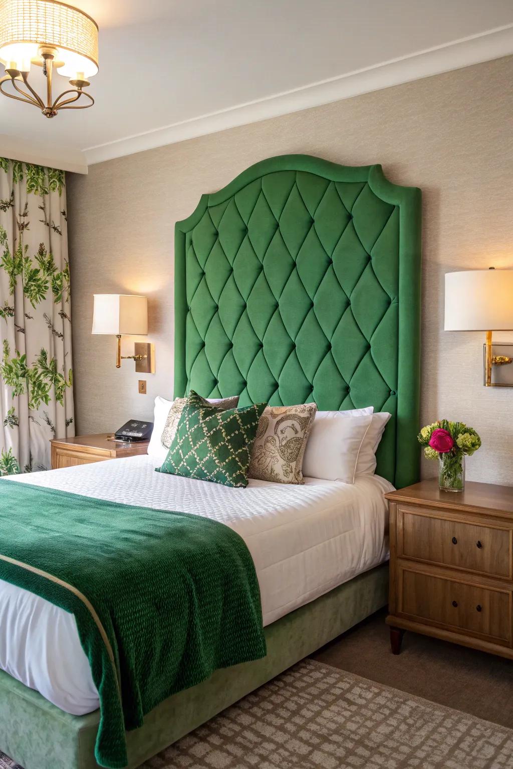 A statement headboard provides a focal point with bold design.