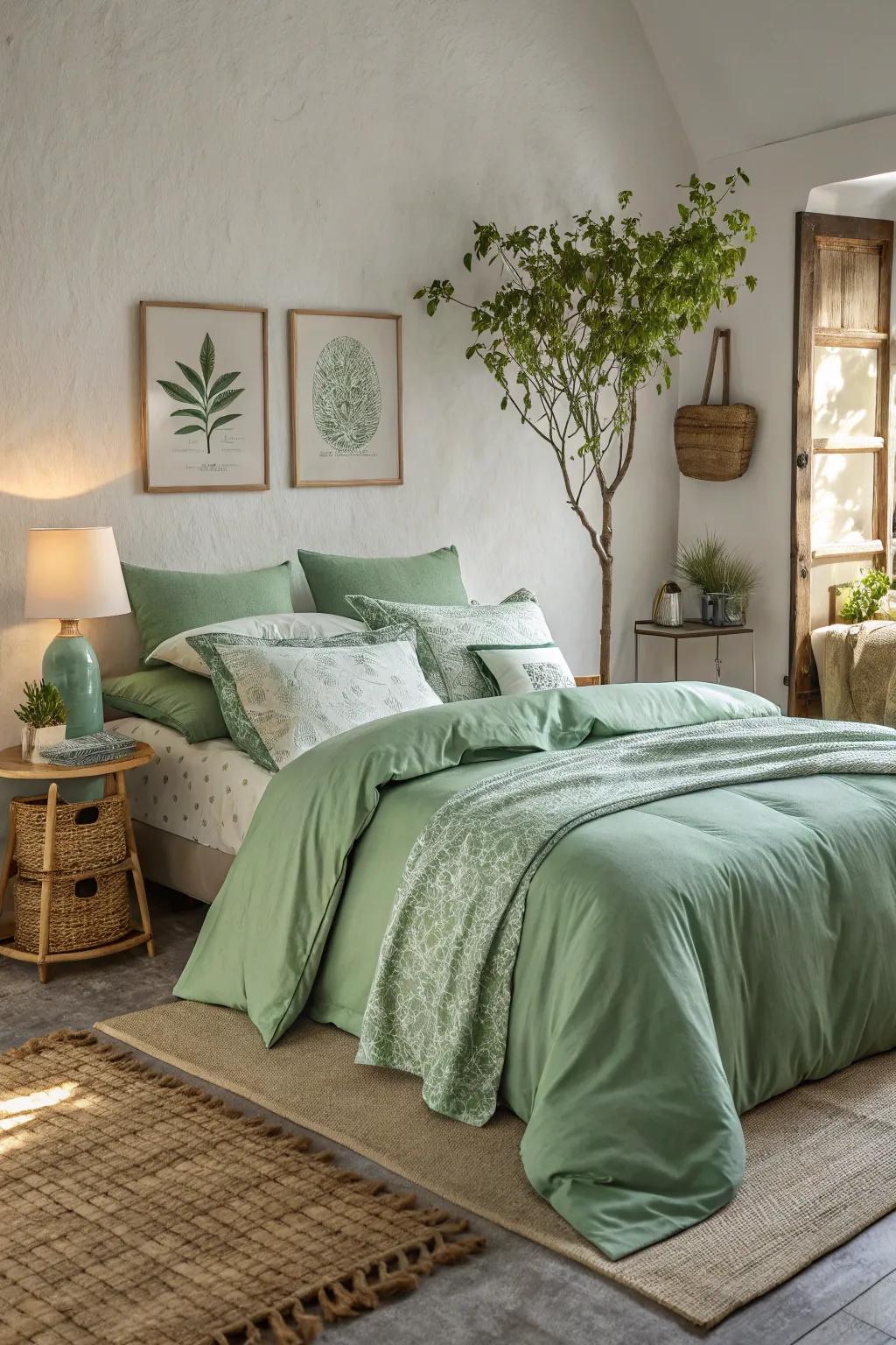 Green bedding creates a tranquil and restful atmosphere in this serene bedroom.