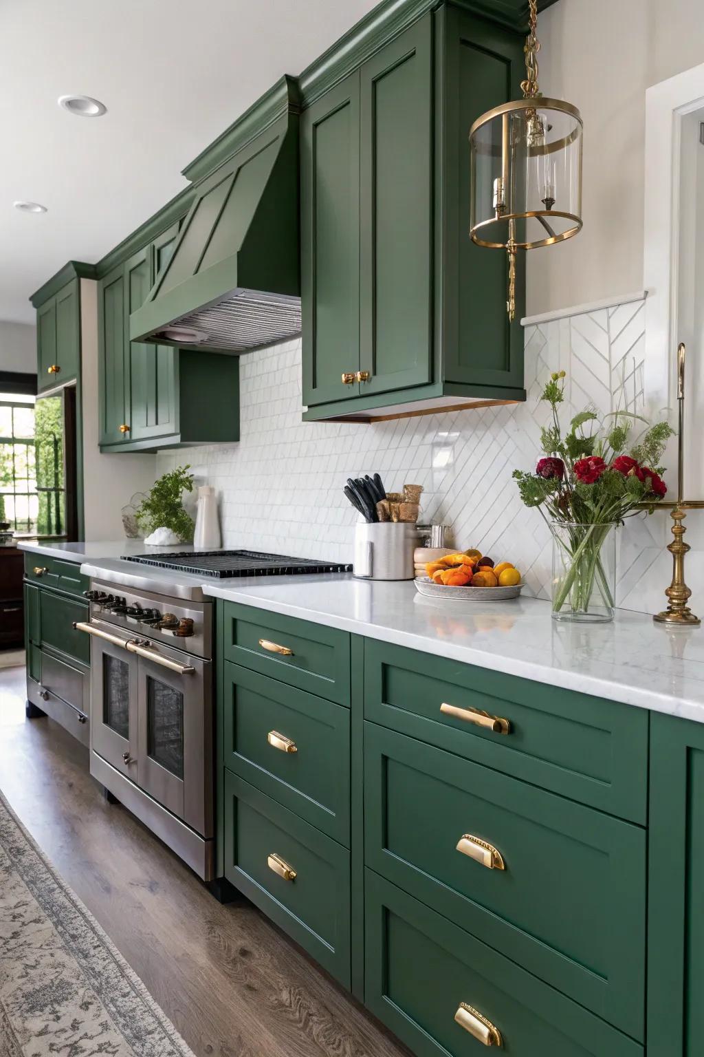 Timeless kitchen with hunter green cabinets and vintage touches.