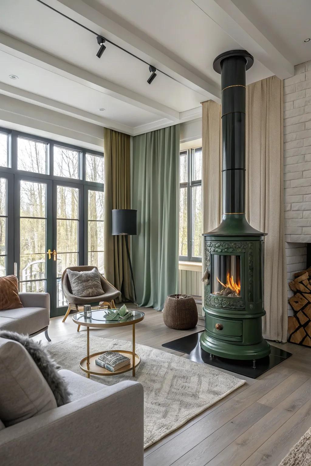 A contemporary living room featuring a sleek green metallic fireplace.