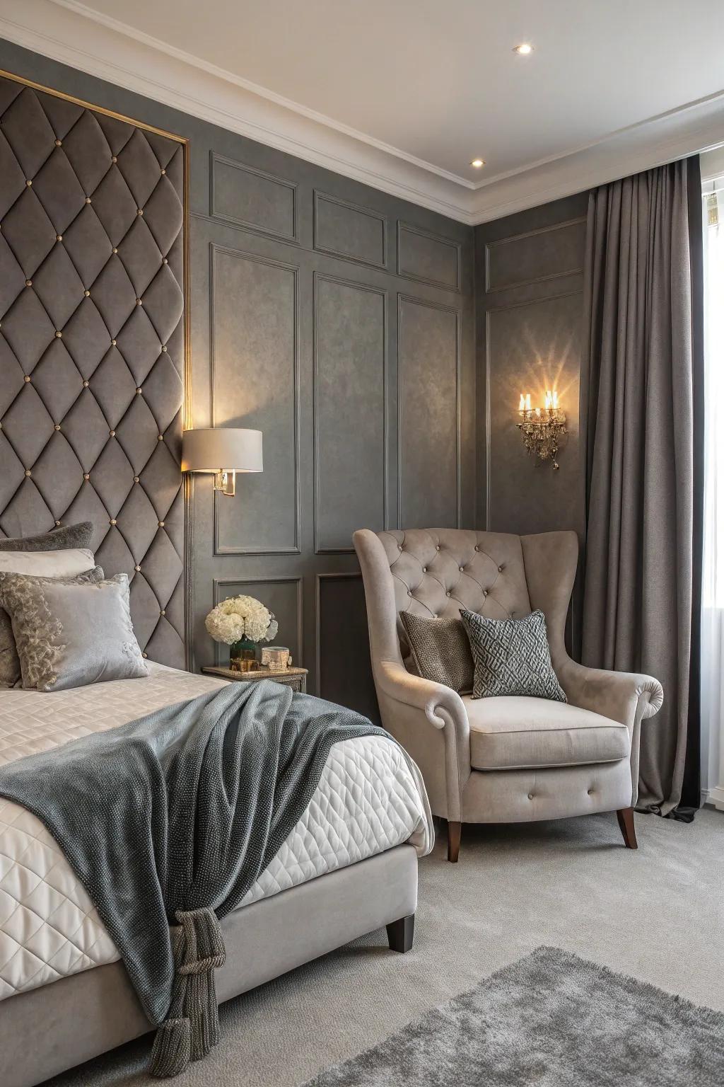 Velvet textures enhance the luxury of this grey accent wall.