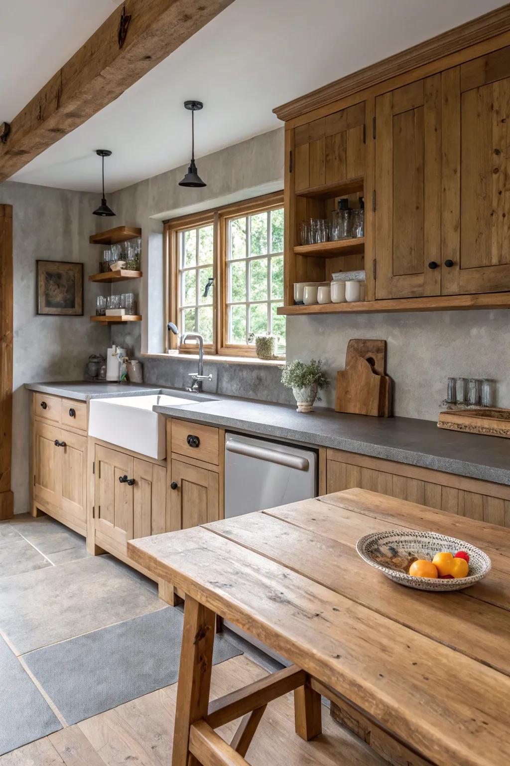 A rustic kitchen with a modern twist, featuring grey countertops.