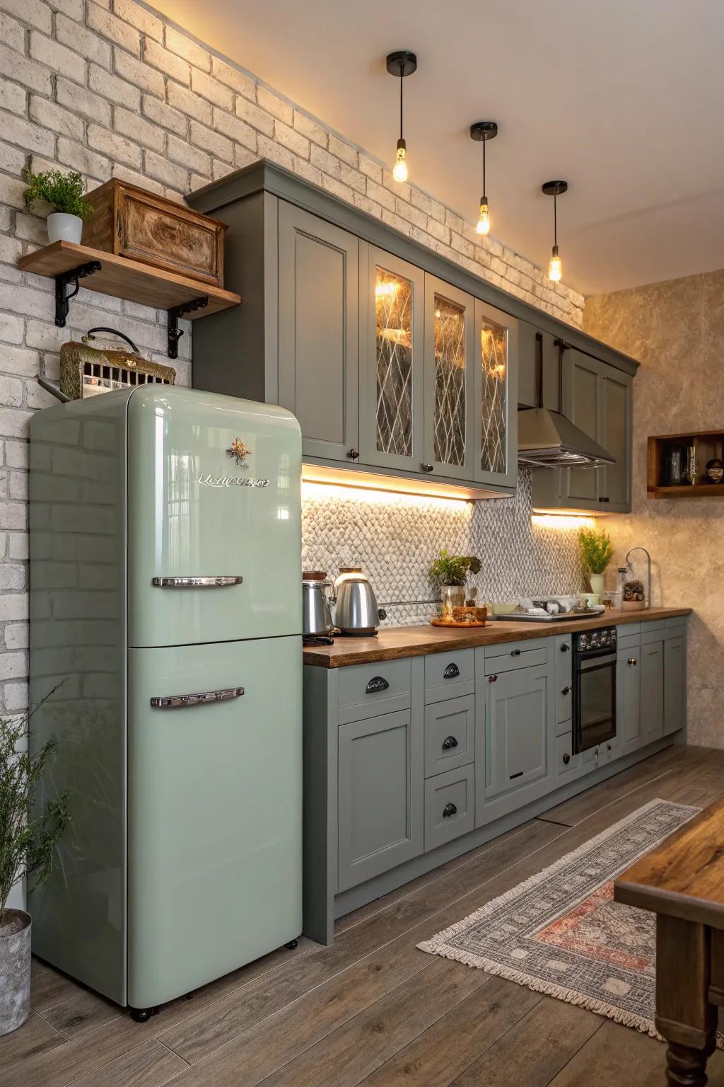 Retro appliances add vintage charm to grey-green cabinets.