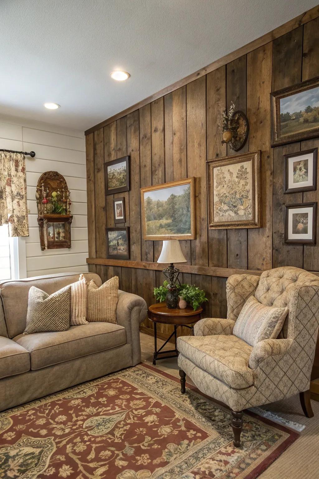 Invite nostalgia with distressed wood paneling.