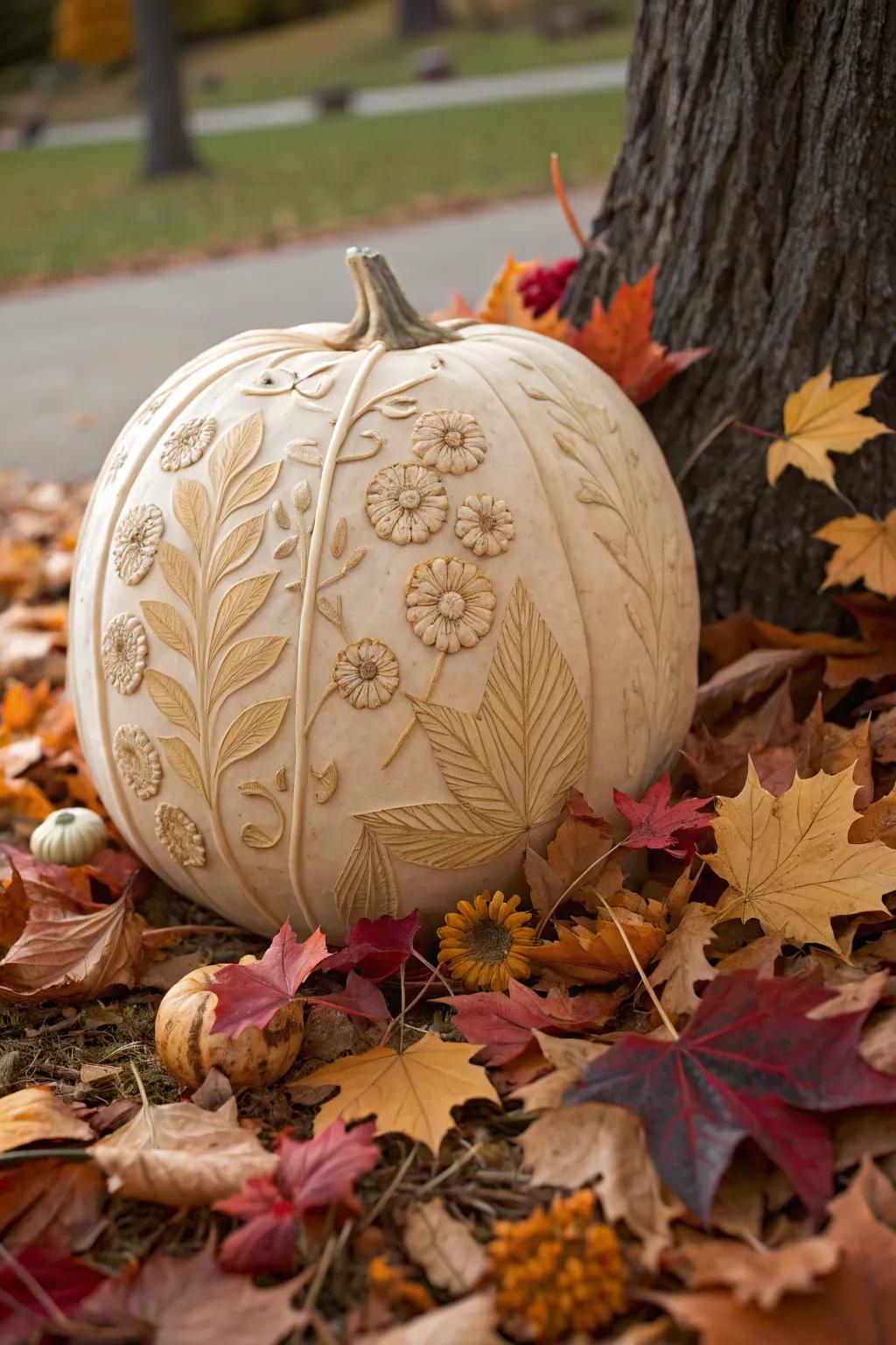 Botanical carvings bring a touch of nature’s elegance to your pumpkin.