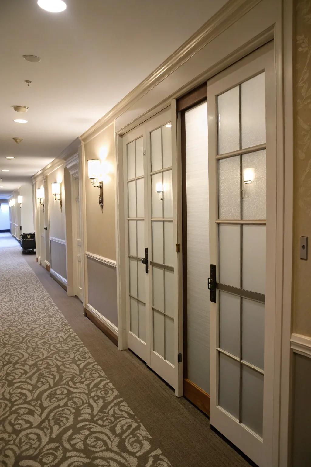 Maintain personal space utilizing fashionable cupboard doors that are crafted from frosted glass.