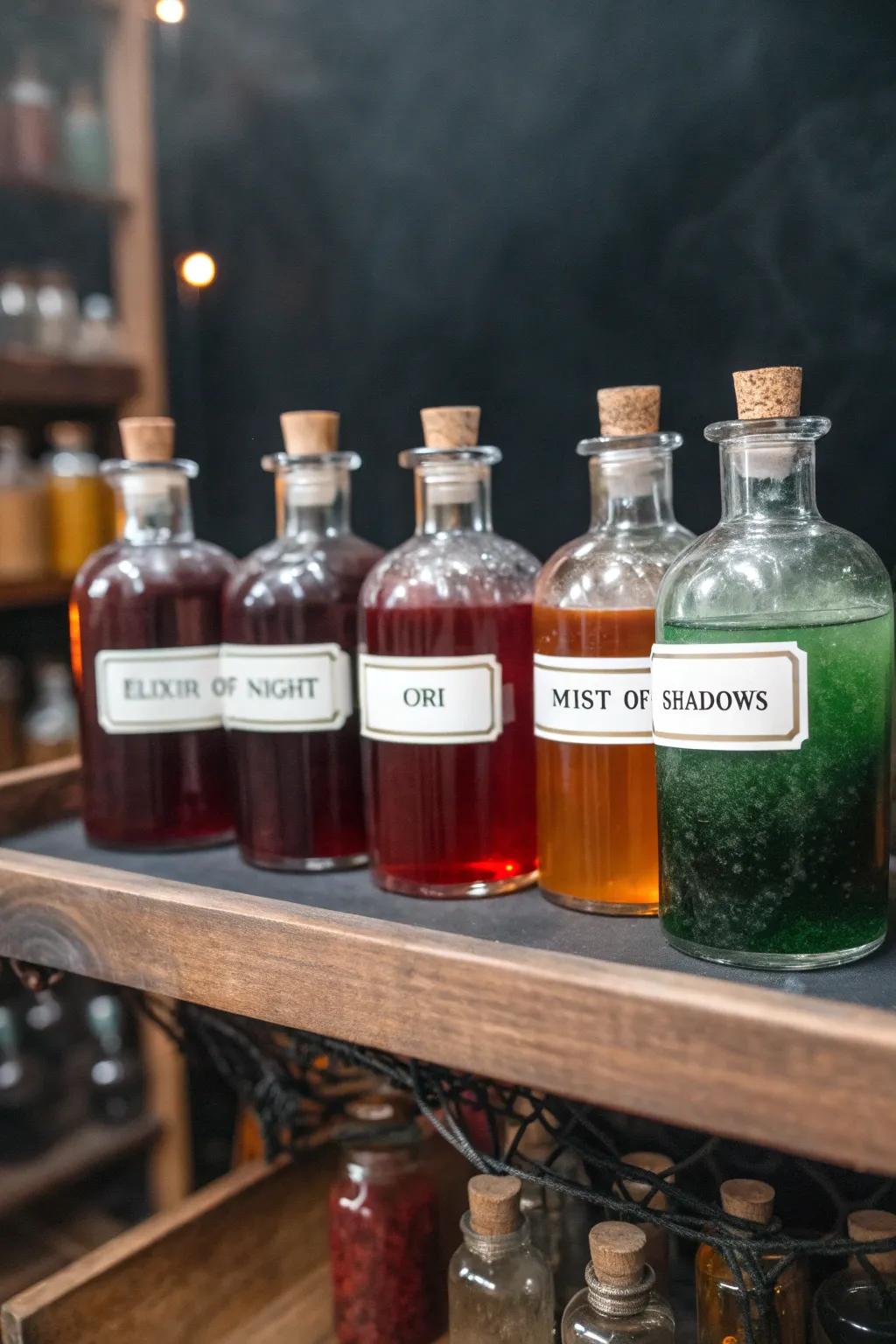 Craft a mysterious display with potion bottles and eerie labels.