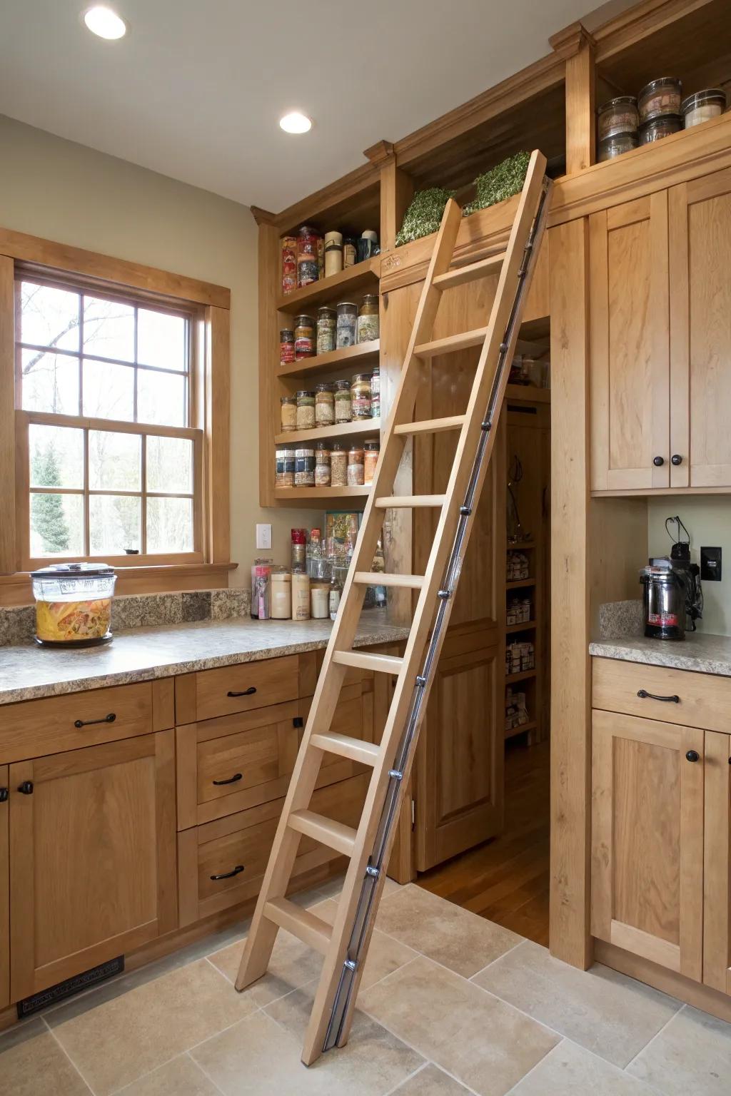 A sliding ladder provides access to high shelves in a hidden pantry.