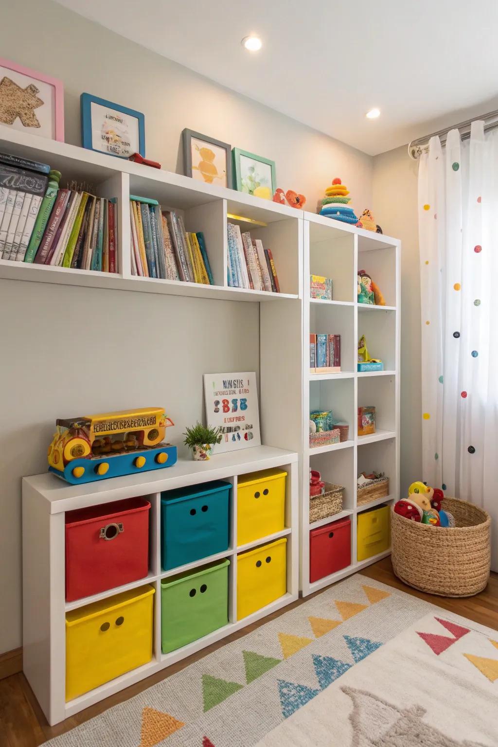 Add a playful and organized touch to kids' rooms with in-wall shelves.