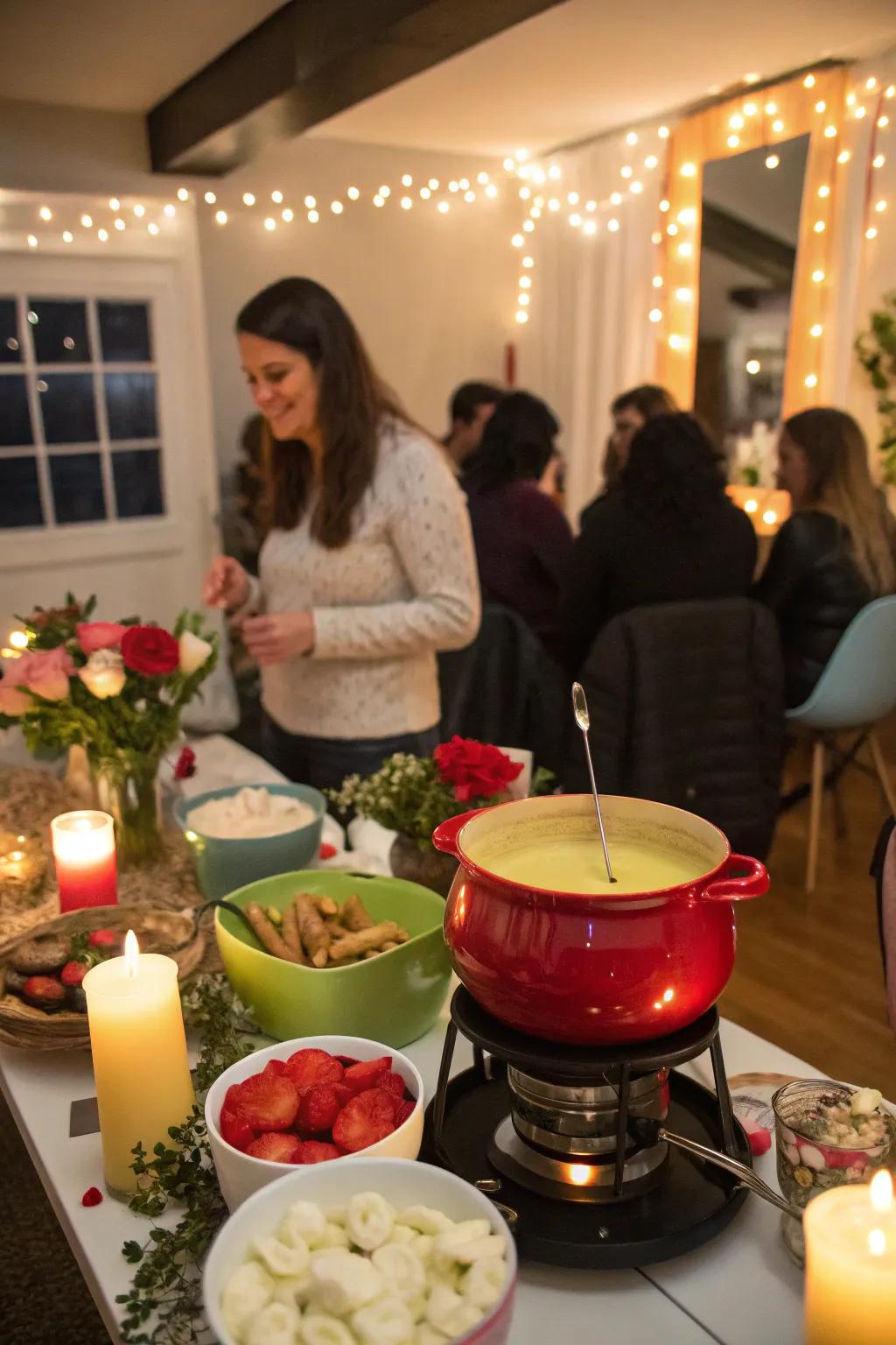 A fun indoor party with a mini fondue station.