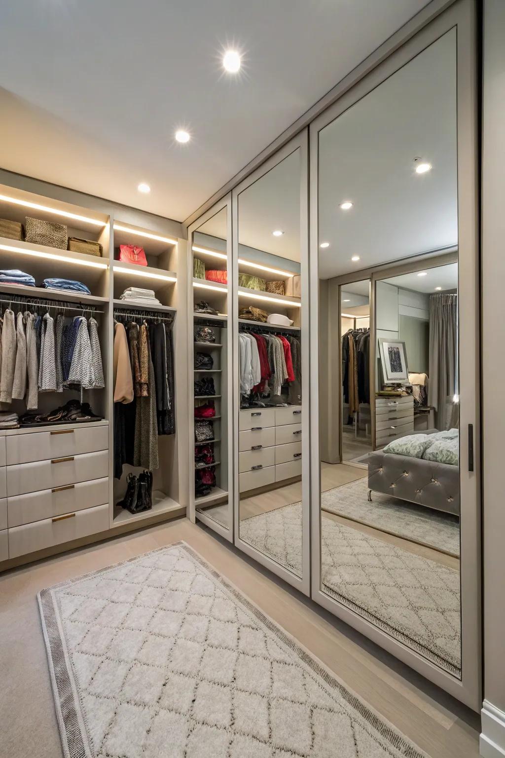 Mirrors create an illusion of space in an irregular closet.