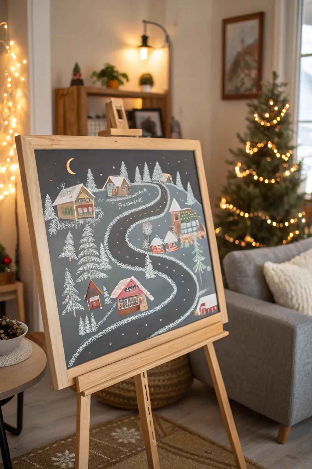 Transport yourself to a snowy village with chalk art.