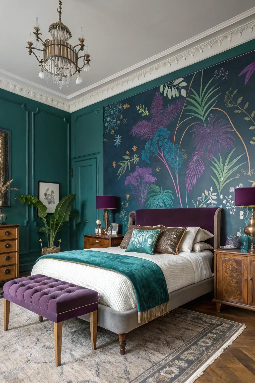 Artistic wall murals in jewel tones add a unique and elevated touch.