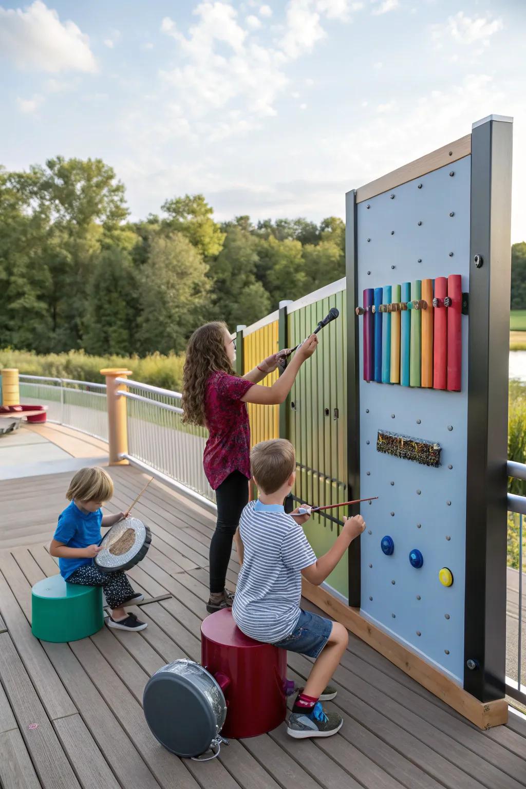 A deck with an interactive music wall where children are playing with various instruments.