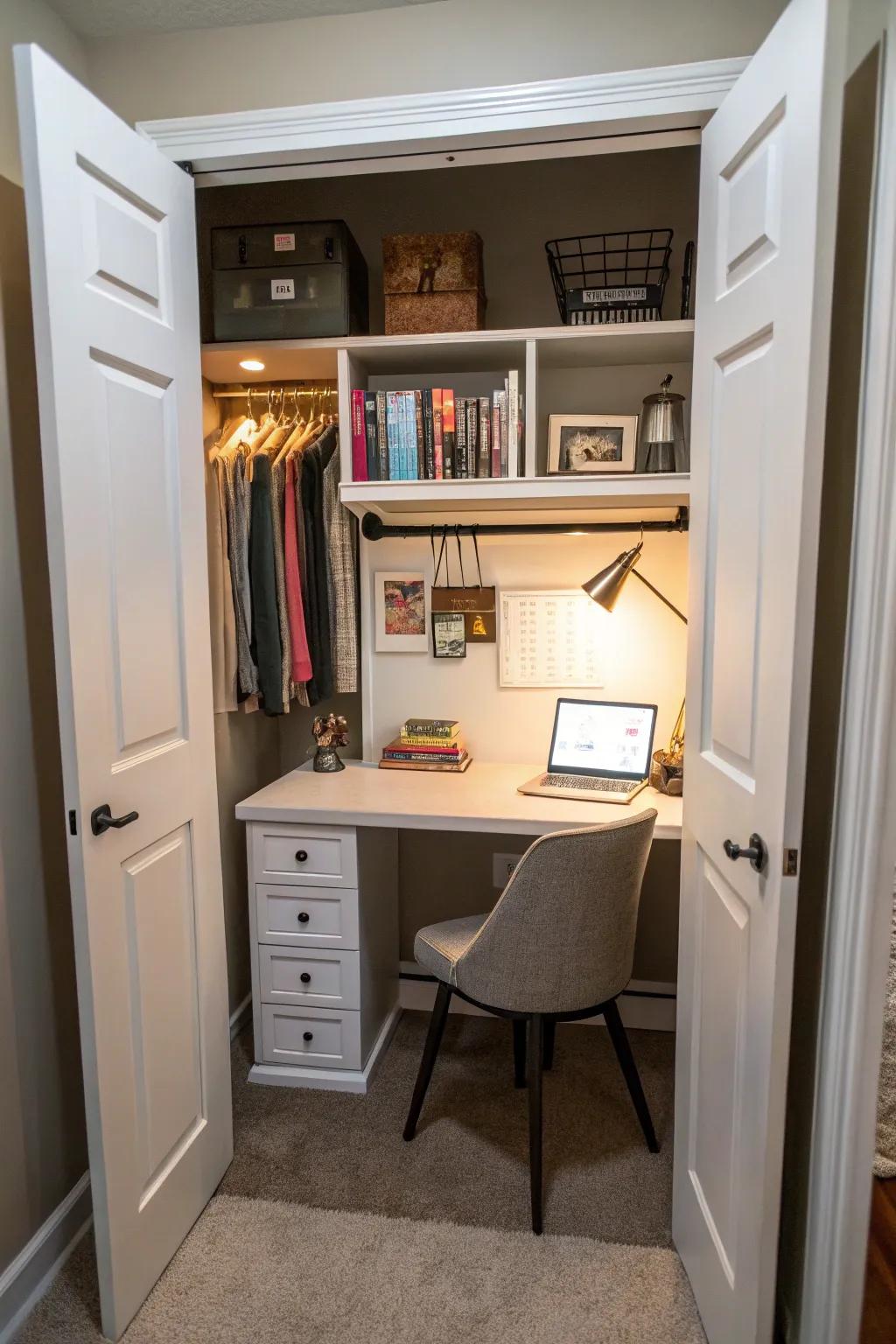 A hidden study nook inside a closet.