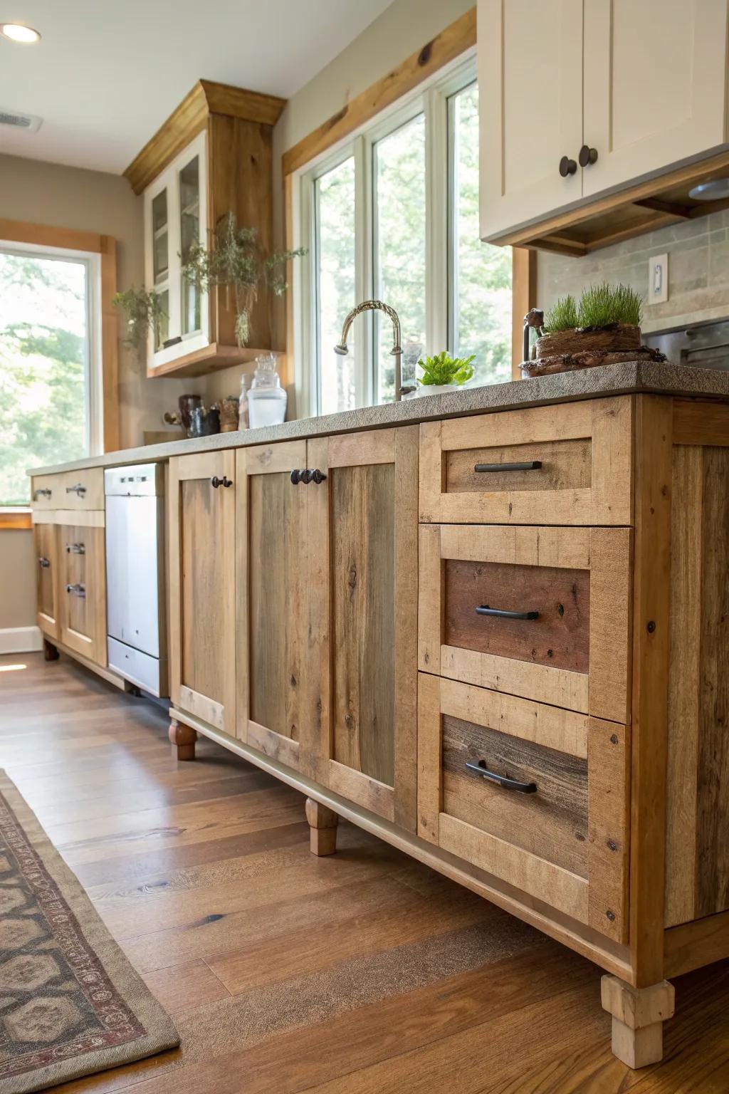 Reclaimed materials add history and character to cabinet feet.