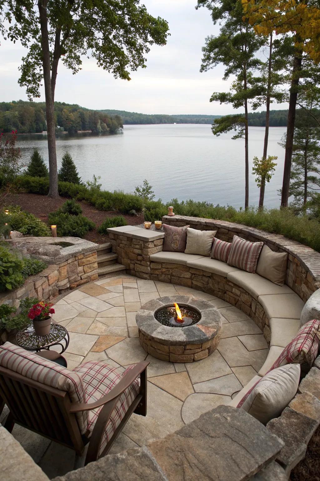 A sunken fire pit design offers a secluded and intimate lakeside space.