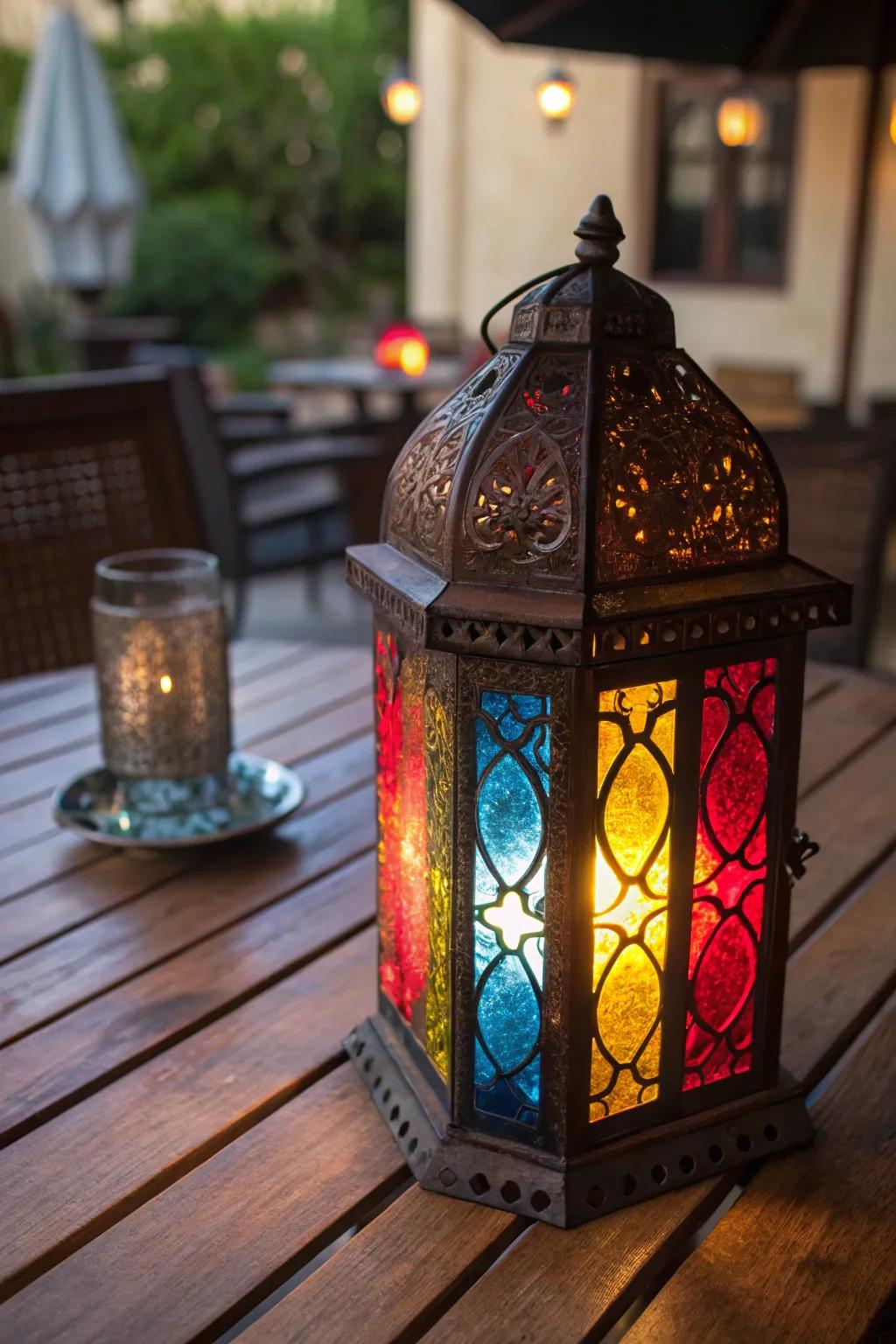 A lantern with colorful glass creating a stained-glass effect.