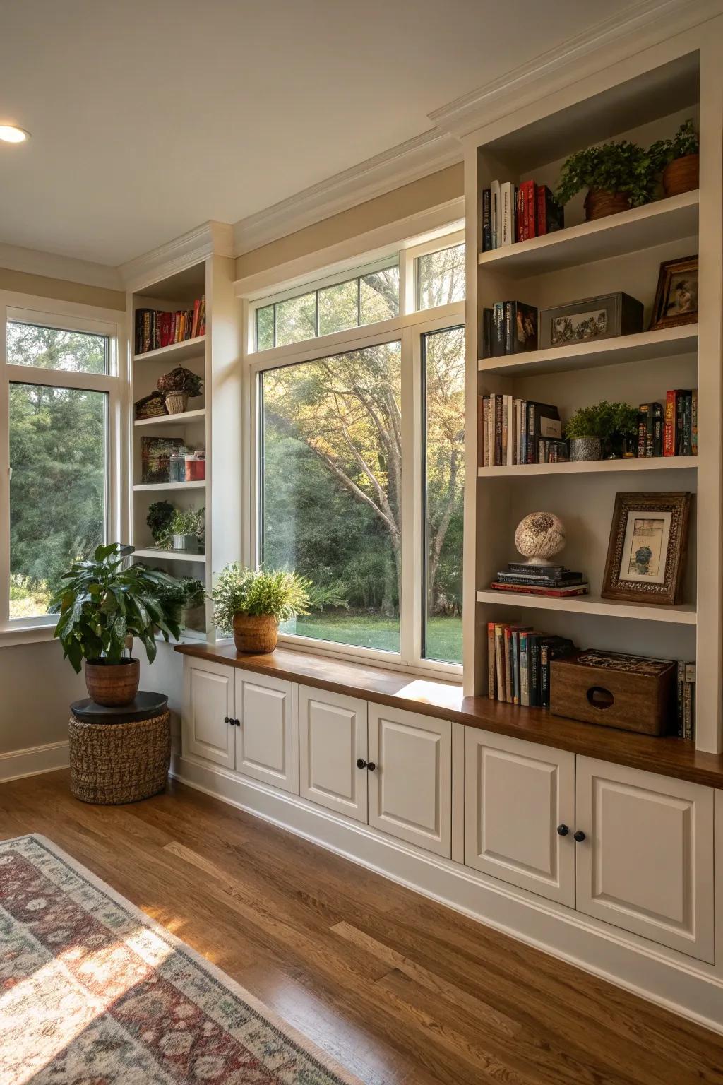 Built-in shelves around a picture window providing storage and style.