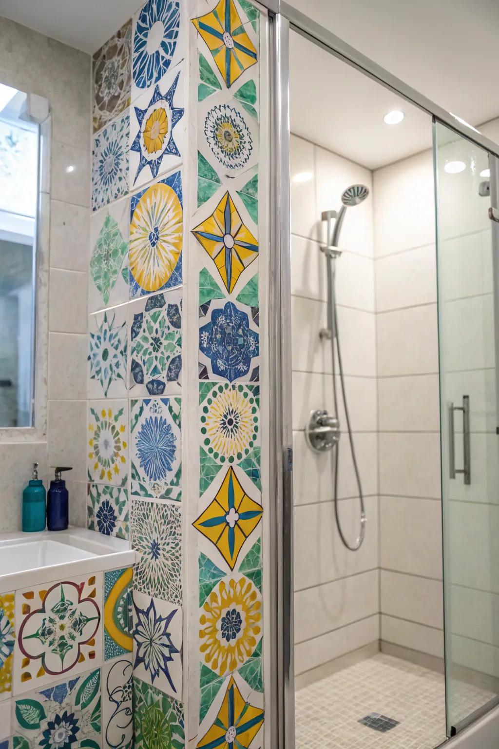 Mosaic panels add color and personality to large panel showers.