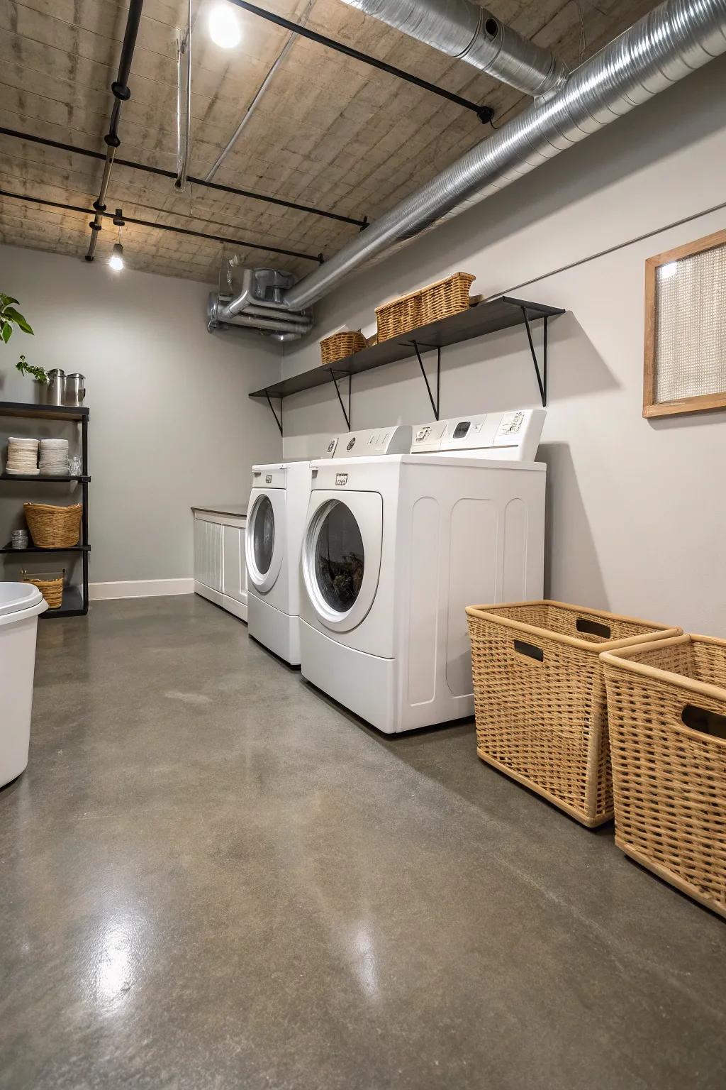 Concrete floors add an industrial chic vibe to the laundry room.