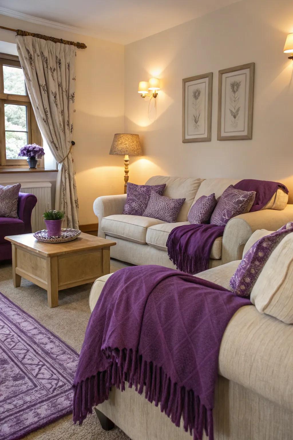 A cozy living area enhanced by purple throws and decorative pillows, adding depth and character.