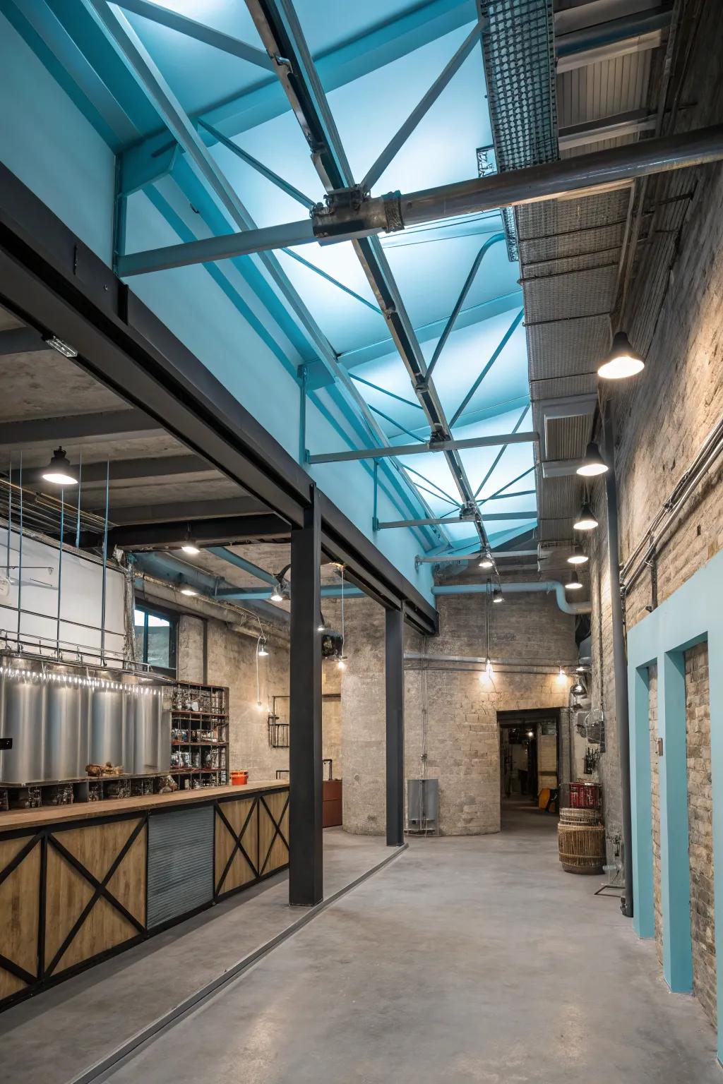 An industrial space softened by a contrasting sky-blue ceiling.