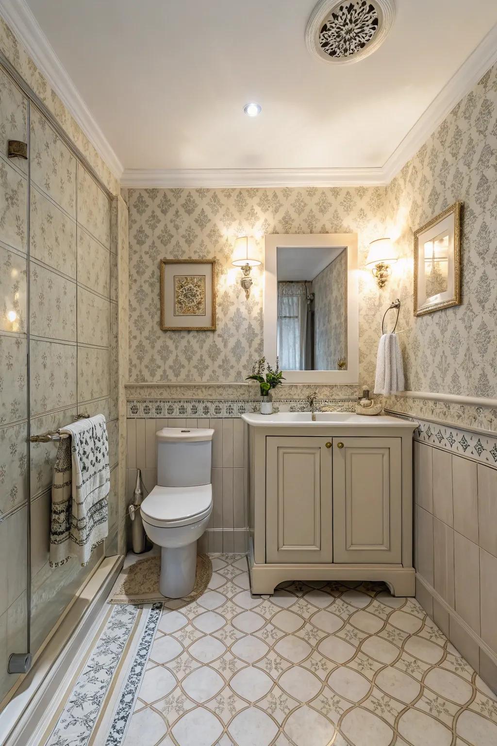 Understated patterns add visual interest to a serene light bathroom.