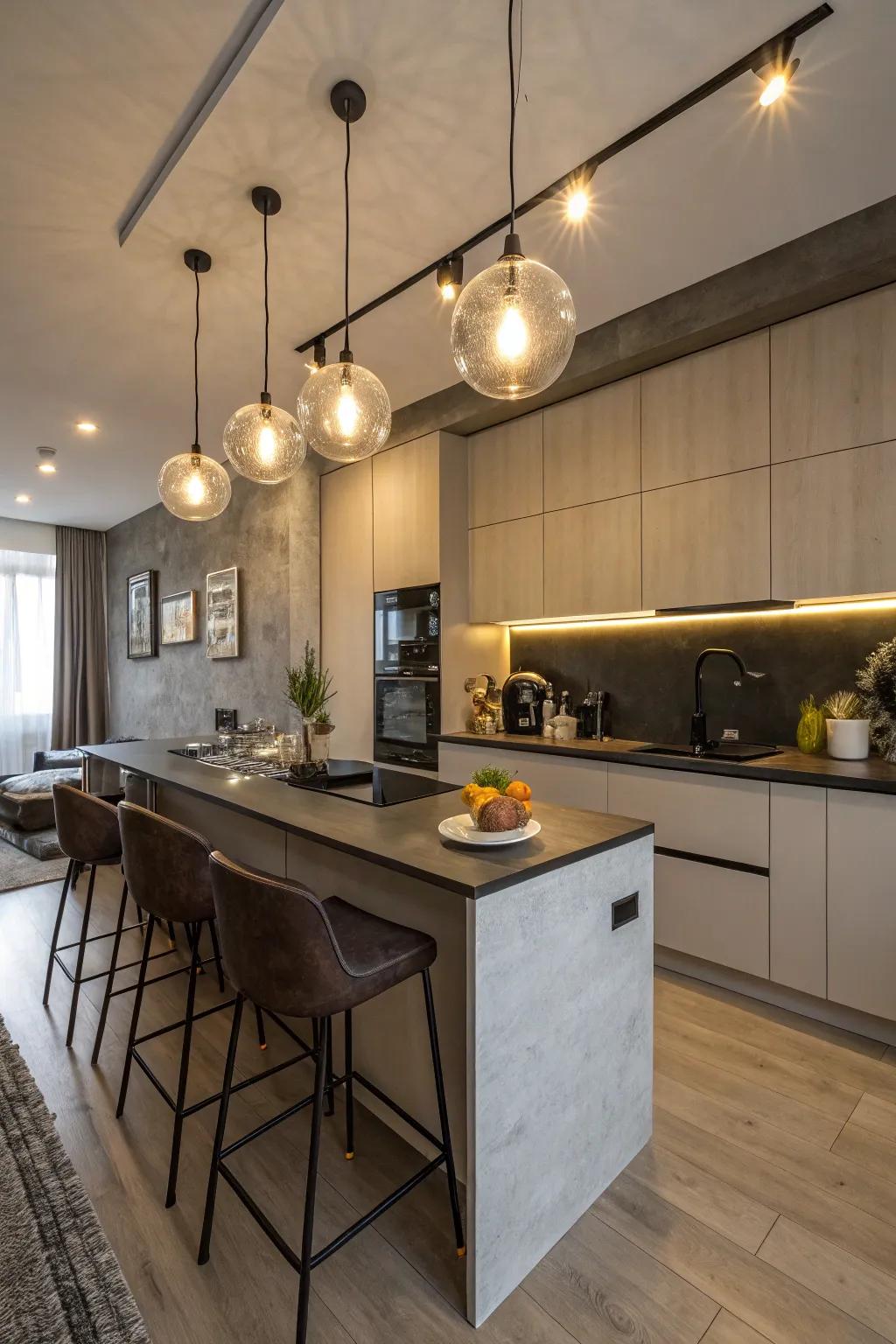Spherical lights add a contemporary and playful component to cooking area decor.
