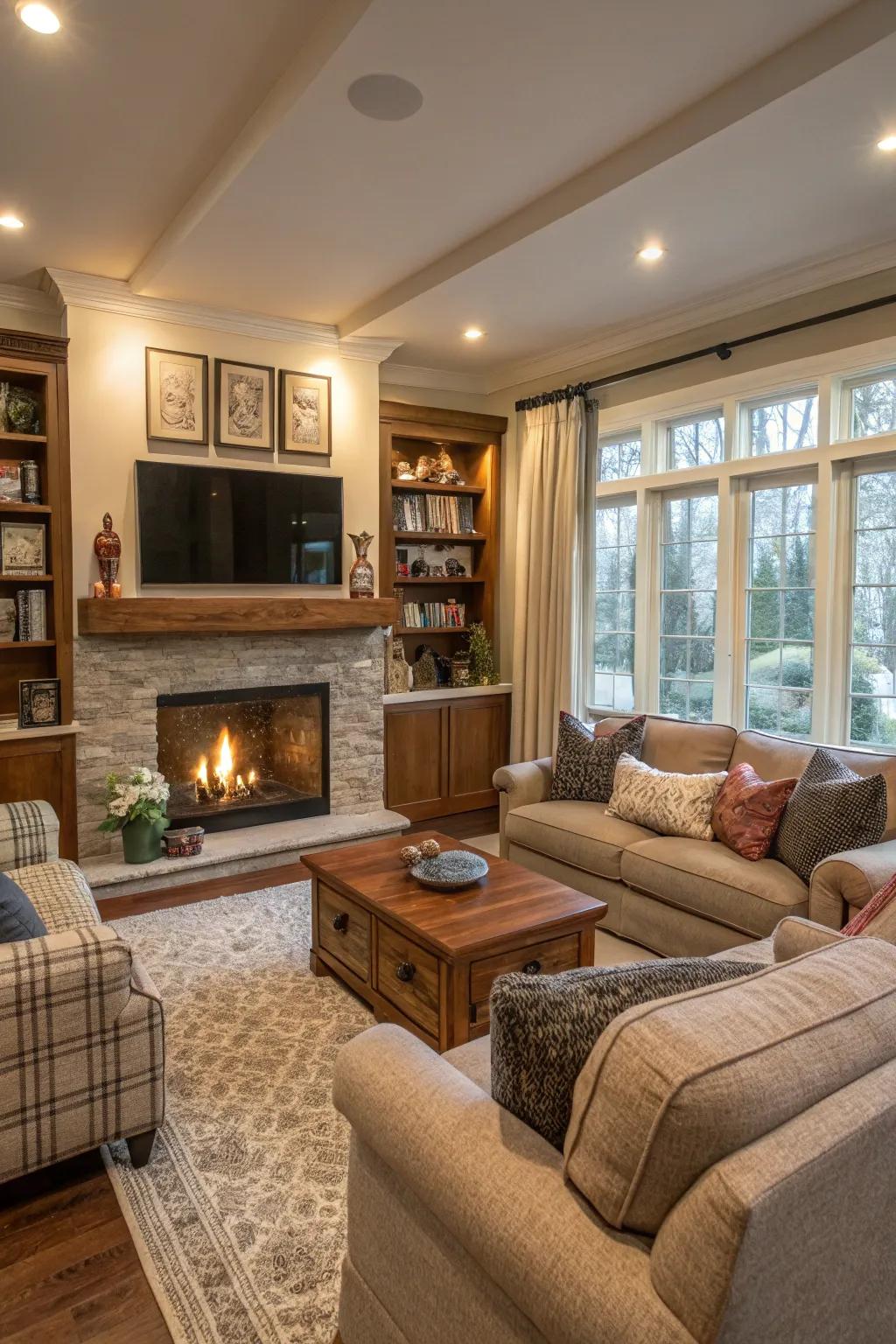 A family-friendly living room perfect for gatherings around the fireplace.