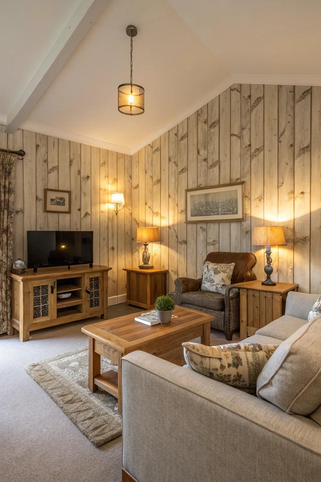 Faux timber wallpaper adds warmth and organic charm.