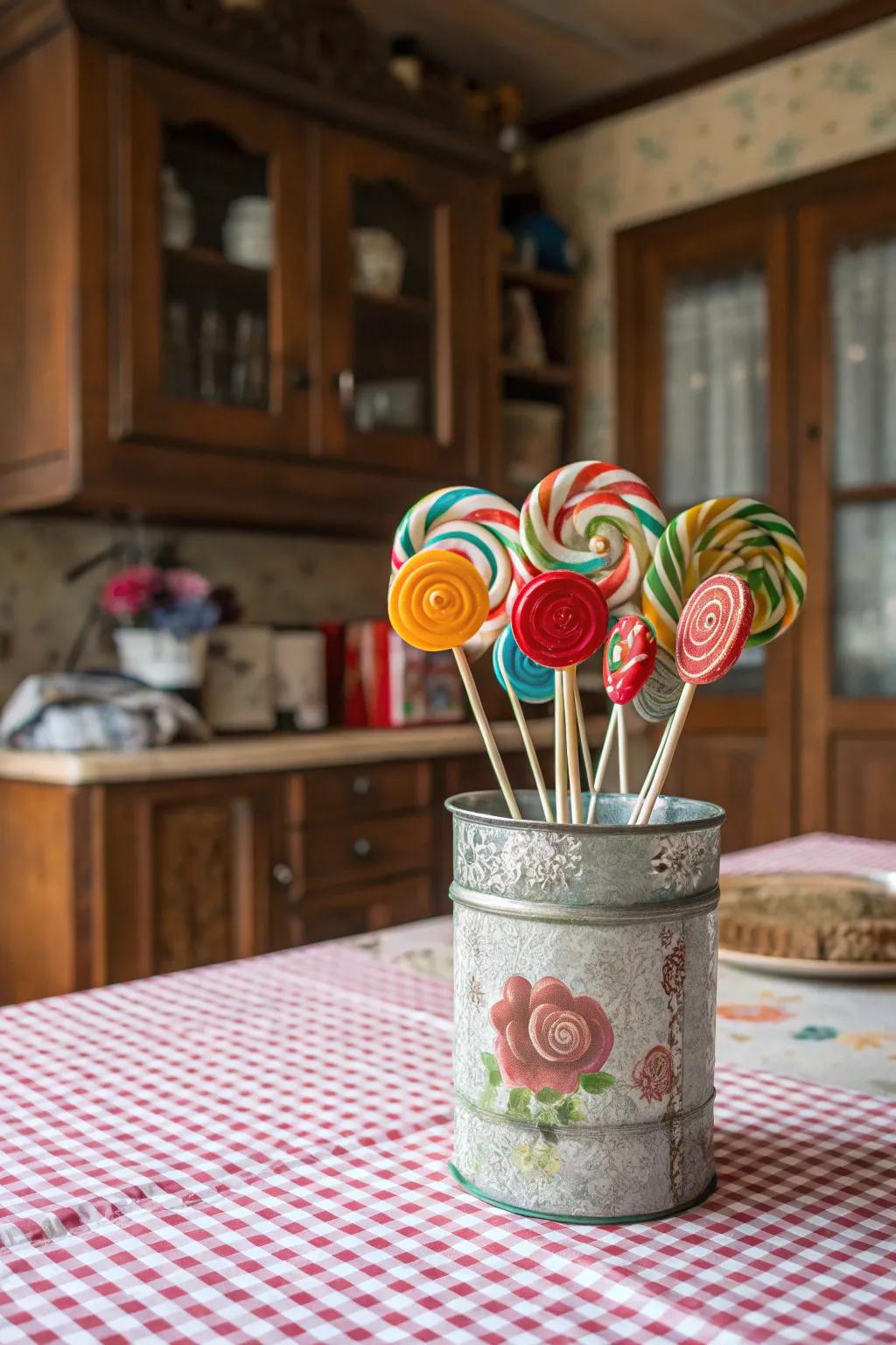 A vintage tin can holding a lollipop bouquet