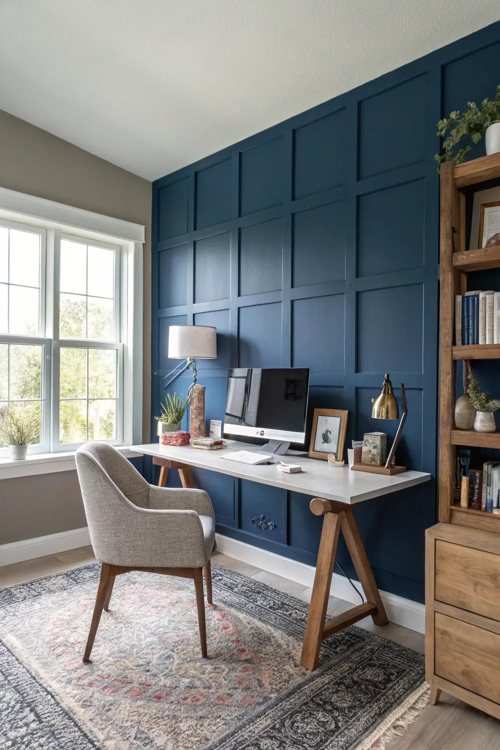 A modern home office featuring a striking accent wall.