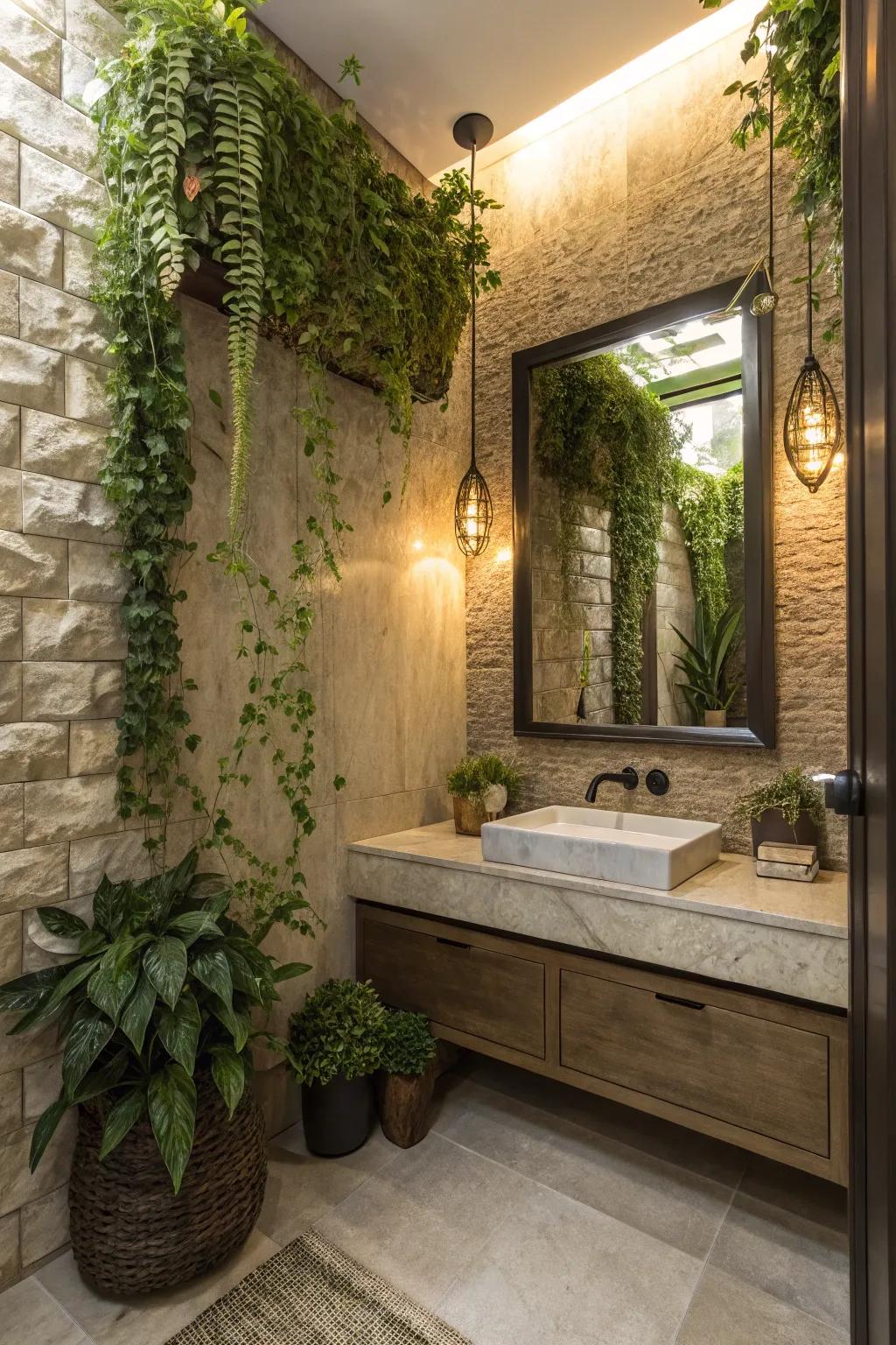 Natural elements bring a fresh and calming vibe to the powder room.