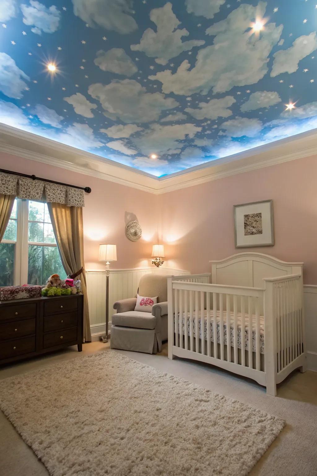 A baby room with a cool ceiling, using a sky picture for a fun touch.