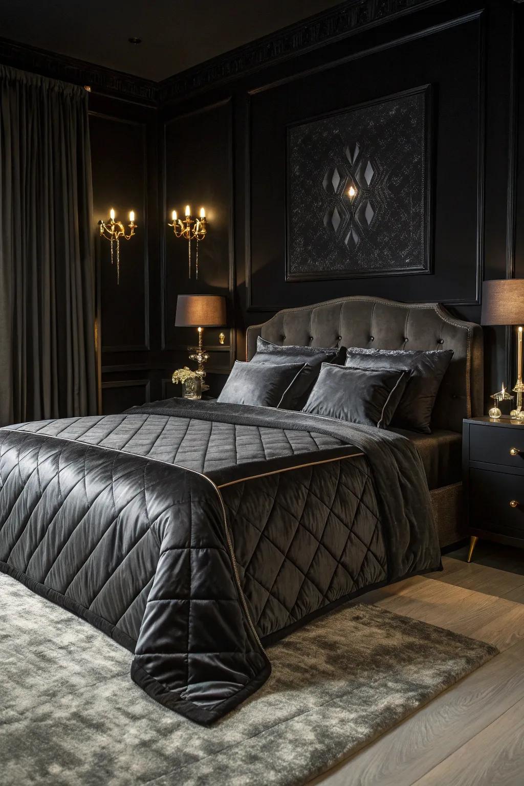 Luxurious bedding ensures comfort and indulgence in this romantic black bedroom.