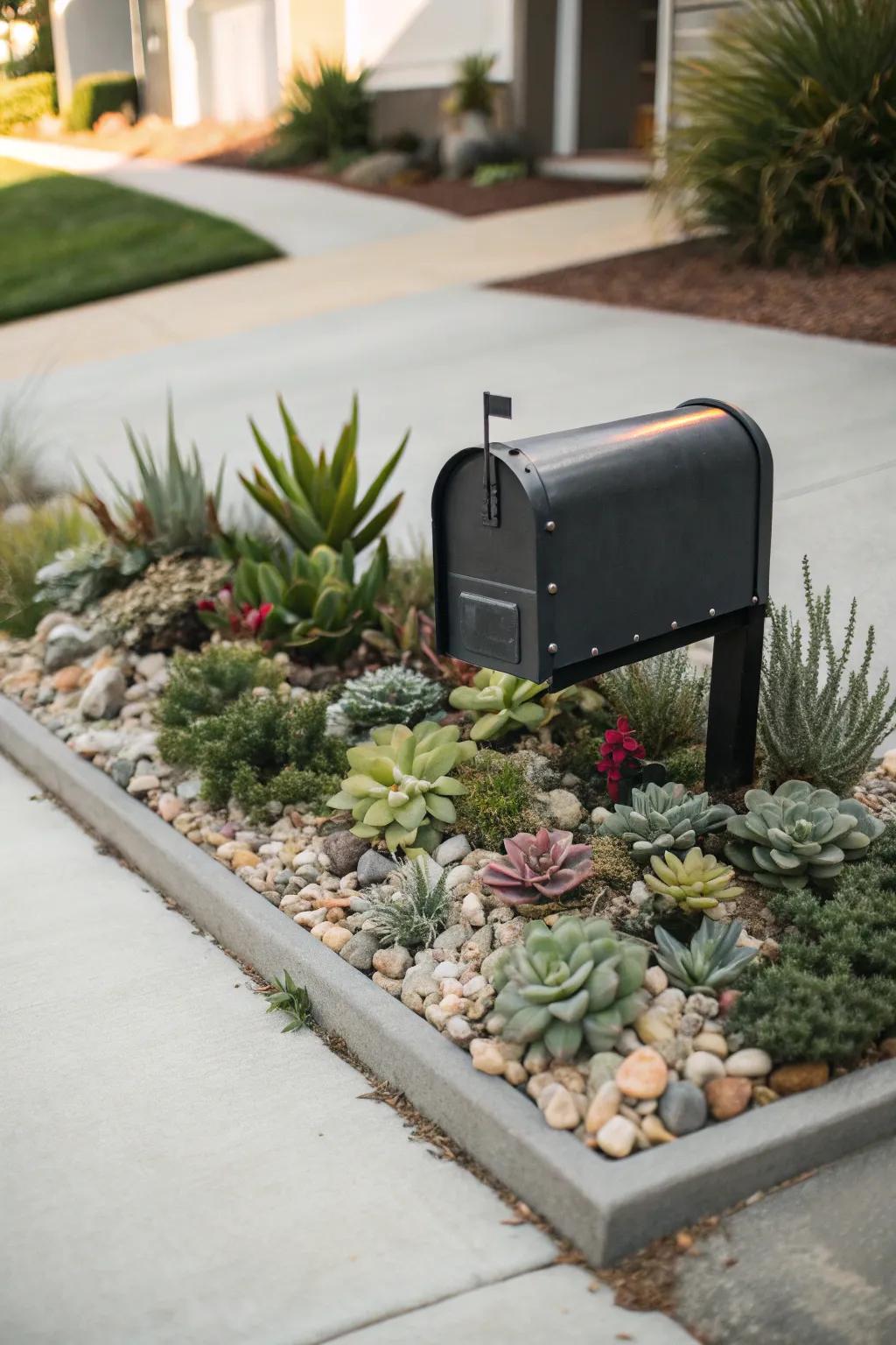Succulents offer a contemporary, low-maintenance solution for mailbox landscaping.