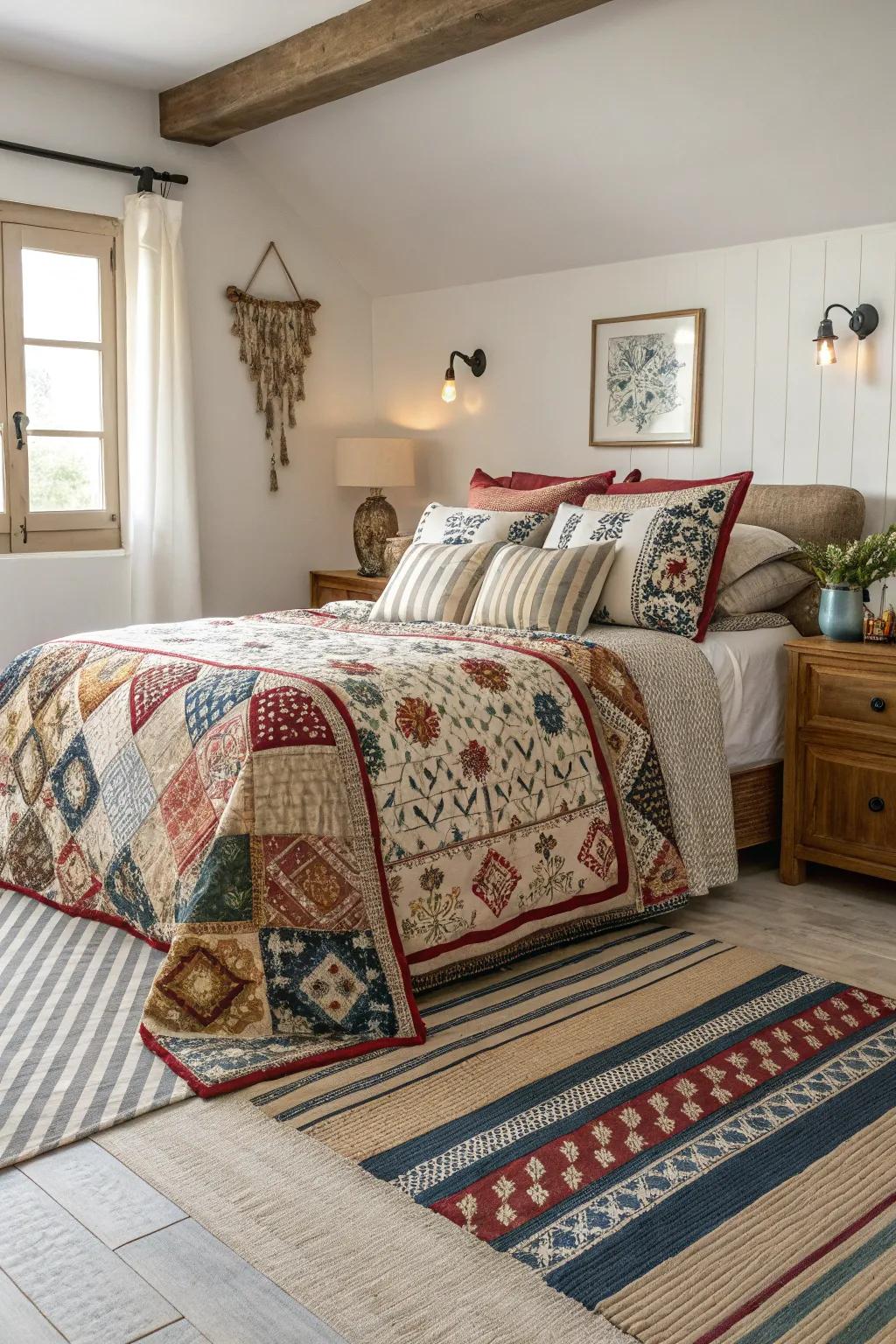 Mixing patterns adds energy to the master bedroom.